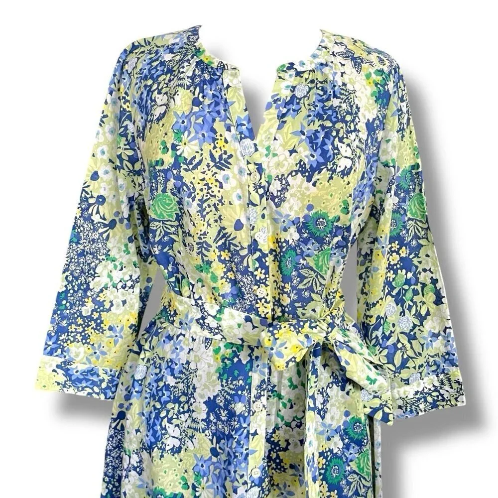 Talbots Womens Midi Dress Sz 14P 14 Petite Blue Butterfly Floral Belted Cotton